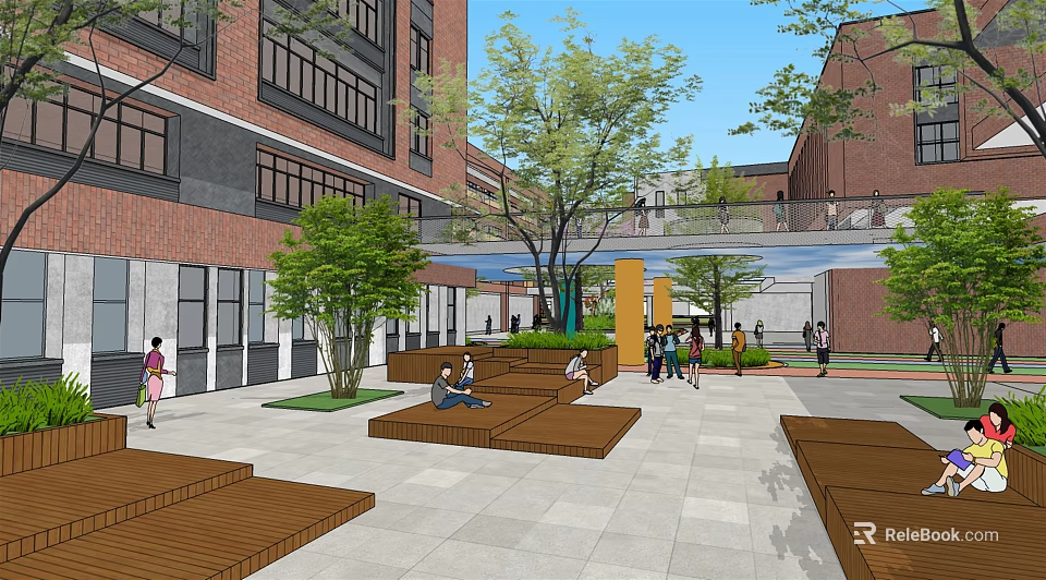 Beautiful Garden Landscape with Red Brick Buildings Trees Wooden Benches and Footbridge in Plaza 3d model 