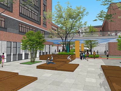 Beautiful Garden Landscape with Red Brick Buildings Trees Wooden Benches and Footbridge in Plaza 3d model