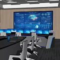 Modern Open Public Office Space With Workstations Computer Monitors And Large Digital Screen 3d model