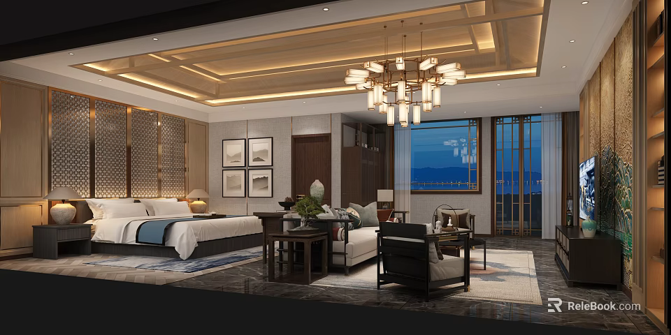 Traditional Chinese Style Hotel Room With Large Bed Sofa Chandelier Decorative Paintings And Area Rug 3d model 