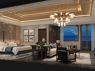 Traditional Chinese Style Hotel Room With Large Bed Sofa Chandelier Decorative Paintings And Area Rug 3d model