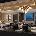 Traditional Chinese Style Hotel Room With Large Bed Sofa Chandelier Decorative Paintings And Area Rug