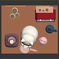 3D Model Scene With White Cartoon Cat And Laptop Near Coffee Machine And Cups