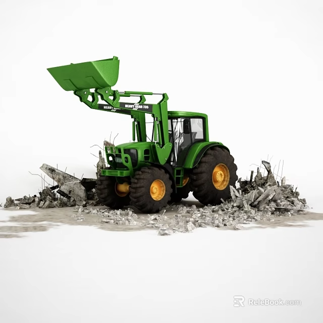 Green Heavy Duty Tractor With Front Loader Clearing Construction Debris At Work Site 3d model 