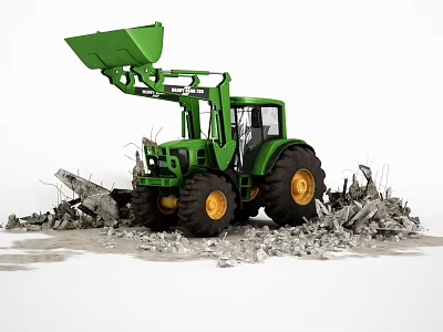 Green Heavy Duty Tractor With Front Loader Clearing Construction Debris At Work Site 3d model