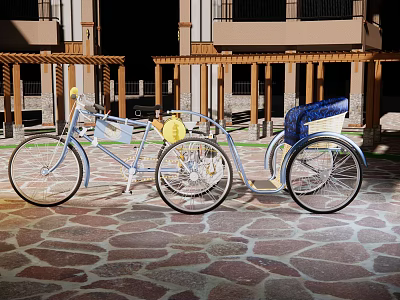 Vintage Silver Tricycle Parked On Stone Pavement By Building With Columns 3d model