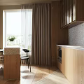 Modern Living And Dining Interior With Woven Seat Chair Wooden Shelves Wall Painting Window View