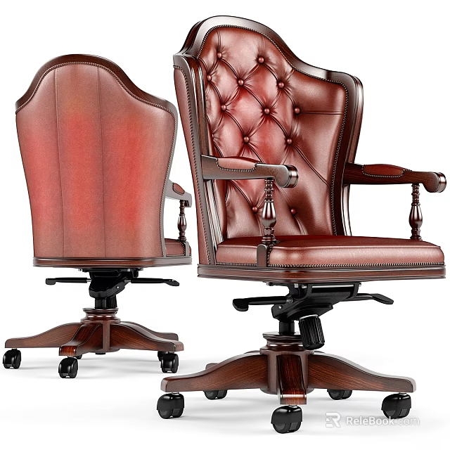 Vintage Red Leather Office Desk Chair Set With Wooden Armrests And Wheels 3d model 