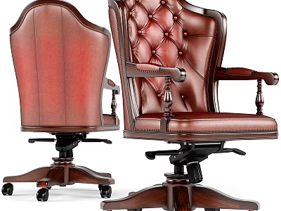 Vintage Red Leather Office Desk Chair Set With Wooden Armrests And Wheels 3d model