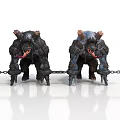 Two Dark Blue Chained Monsters With Horns Extended Tongues and Claws