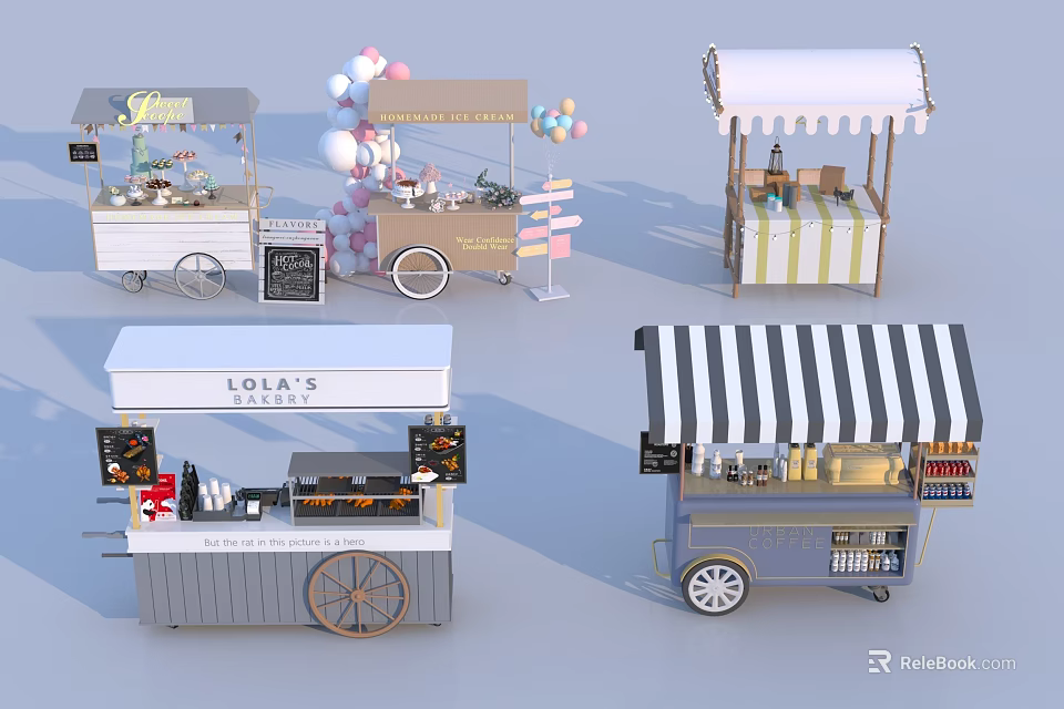 Mobile Commercial Equipment Various Food Stalls With Canopies Wheels And Display Shelves 3d model 