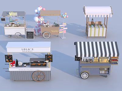 Mobile Commercial Equipment Various Food Stalls With Canopies Wheels And Display Shelves 3d model