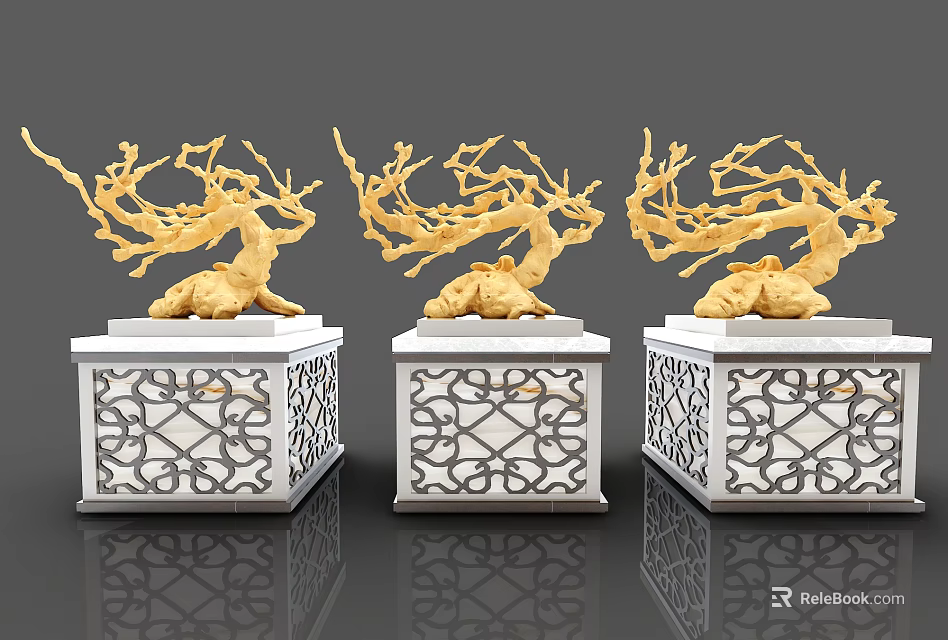 Elegant Decorative Ornament Set with Golden Branch Design White Square Base and Intricate Cutout Patterns 3d model 