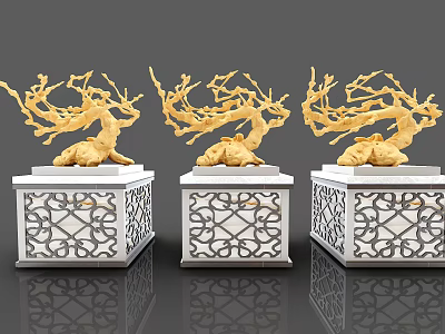 Elegant Decorative Ornament Set with Golden Branch Design White Square Base and Intricate Cutout Patterns 3d model