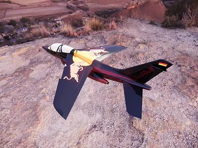 Red Bull Stuntman Fighter Jet On Rocky Ground With Black Red Yellow Design 3d model