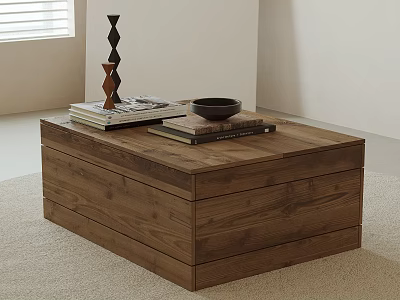 Modern Wooden Coffee Table With Layered Storage Drawers Magazines And Decorative Bowl In Living Room 3d model