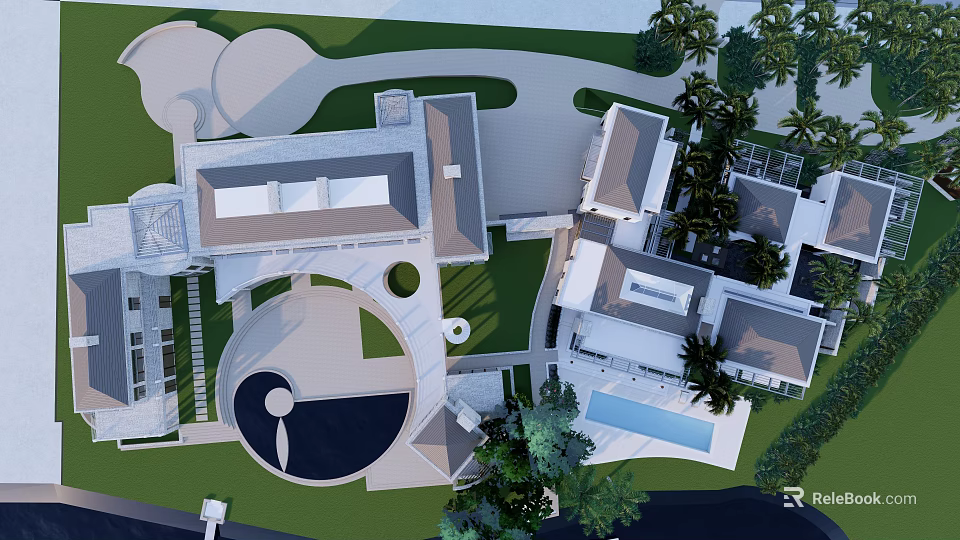 Modern Luxury Villa Exterior With Landscaped Courtyard Swimming Pool And Aerial View 3d model 