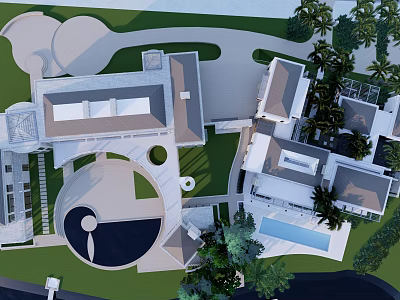 Modern Luxury Villa Exterior With Landscaped Courtyard Swimming Pool And Aerial View 3d model