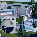 Modern Luxury Villa Exterior With Landscaped Courtyard Swimming Pool And Aerial View