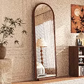 Full Length Wooden Frame Mirror With Bamboo Plant And Table Lamp In White Wall Room