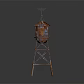 Red Metal Watchtower With Top Cabin And Weather Vane On Dark Background