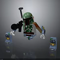 Lego Action Figure With Green Helmet Holding Weapon And Blue Display Stands