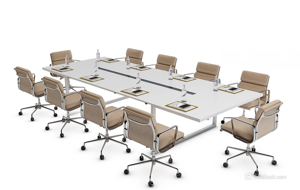 Modern White Rectangular Conference Table With Beige Rolling Chairs And Metal Frame 3d model