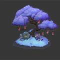 Cartoon Scene Featuring Blue Purple Tree Pink Lanterns Small Animals Small House And Purple Flowers