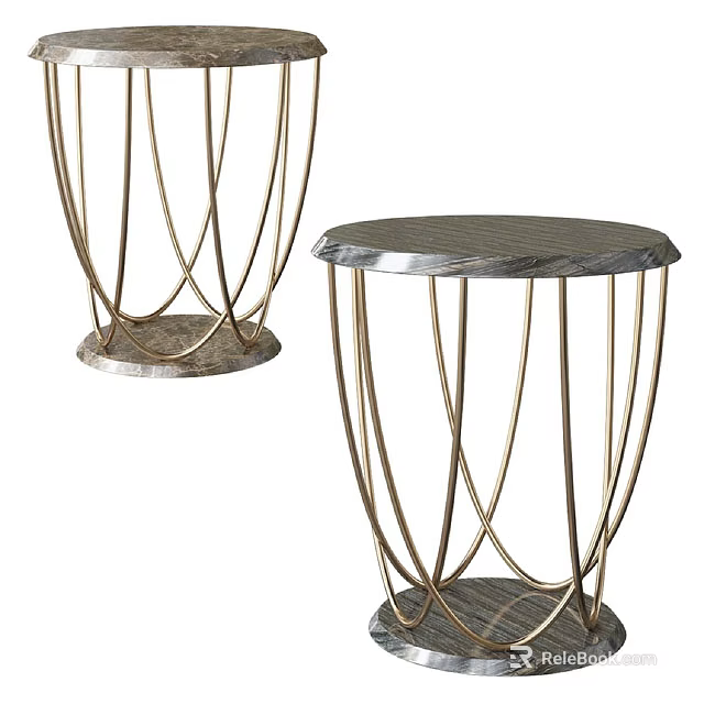 Modern Round Side Table With Gray Marble Top And Gold Metal Frame 3d model 