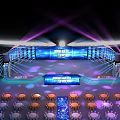 Modern Event Venue With Stage Lighting And Round Tables