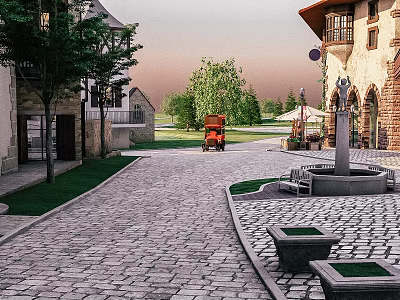 Aerial Planning of European Style Town with Cobblestone Road Red Carriage Green Lawns and Fountain 3d model
