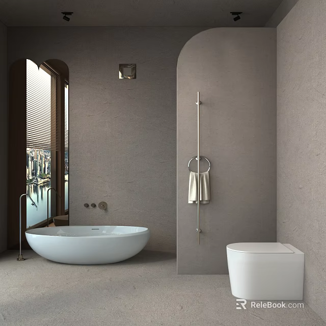 Stylish Bathroom Interior With Gray Walls White Oval Bathtub Toilet And Towel Rack 3d model 