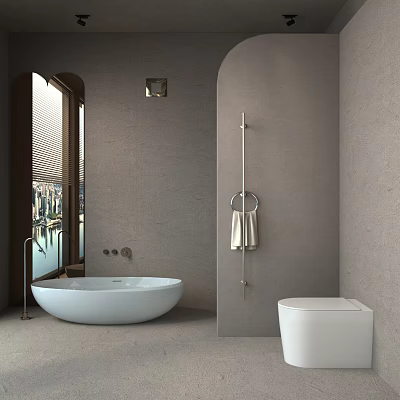 Stylish Bathroom Interior With Gray Walls White Oval Bathtub Toilet And Towel Rack 3d model