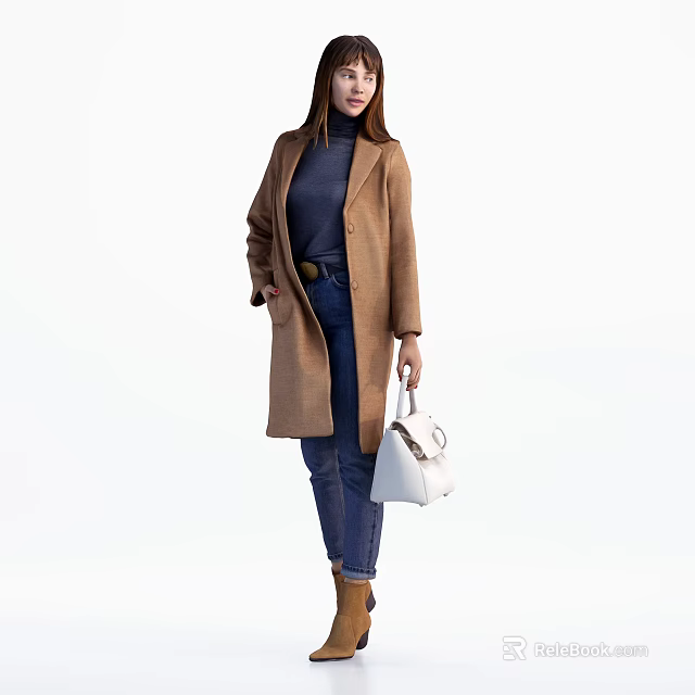 Woman Wearing Brown Coat With Dark Blue Top Blue Jeans And White Handbag 3d model 