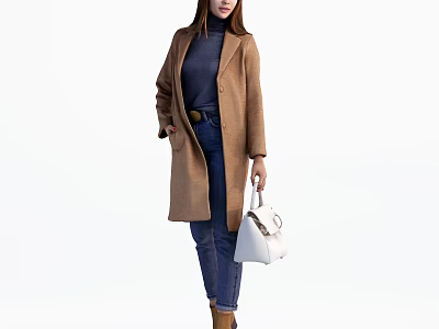 Woman Wearing Brown Coat With Dark Blue Top Blue Jeans And White Handbag 3d model