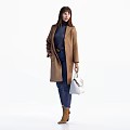 Woman Wearing Brown Coat With Dark Blue Top Blue Jeans And White Handbag