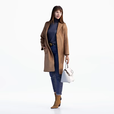Woman Wearing Brown Coat With Dark Blue Top Blue Jeans And White Handbag 3d model