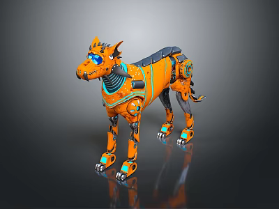 Orange Metallic Robotic Dog 3D Model With Blue Eyes And Mechanical Details 3d model