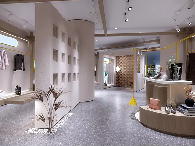 Modern Clothing Store Interior With Clothing Displays Decorative Plants And Lighting Fixtures 3d model