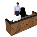 Front Desk Reception With Geometric Brown Design White Computer Monitor Green Chair And Woman Standing
