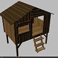 Wooden Cabin Structure With Staircase Open Window And Sloped Roof Design