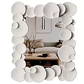 Modern Decorative Mirror With Circular White Frame Reflecting Cozy Living Room Sofa And Coffee Table