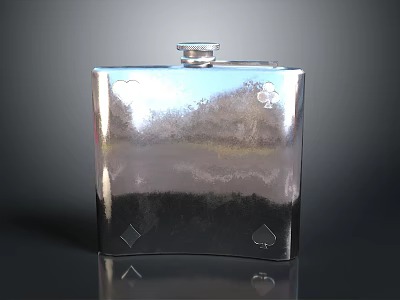Silver Metal Flask With Playing Card Symbols Design Portable Liquor Container 3d model