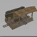 Rustic Wooden Platform Scene With Rail Tracks Stone Wall And Sloped Roof