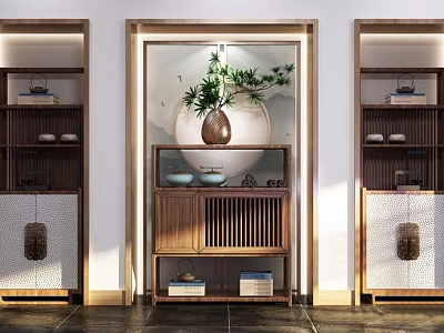 Traditional Chinese Wooden Console And Side Cabinet With Potted Plant In Home Entrance 3d model