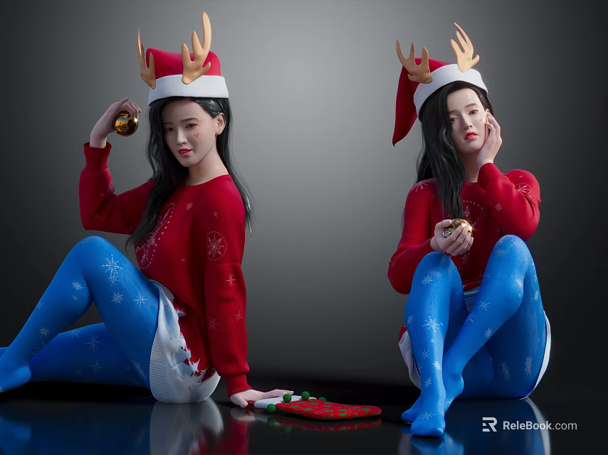 Cute Children in Red Sweaters Blue Snowflake Tights With Christmas Hats Reindeer Antlers and Gifts 3d model 