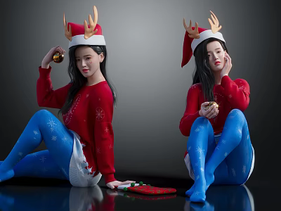 Cute Children in Red Sweaters Blue Snowflake Tights With Christmas Hats Reindeer Antlers and Gifts 3d model