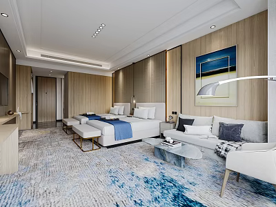Modern Hotel Room Interior With Beds Sofa And Carpet 3d model