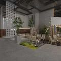 Industrial Style Café with Wooden Furniture Stone Walls Green Plants and Natural Light