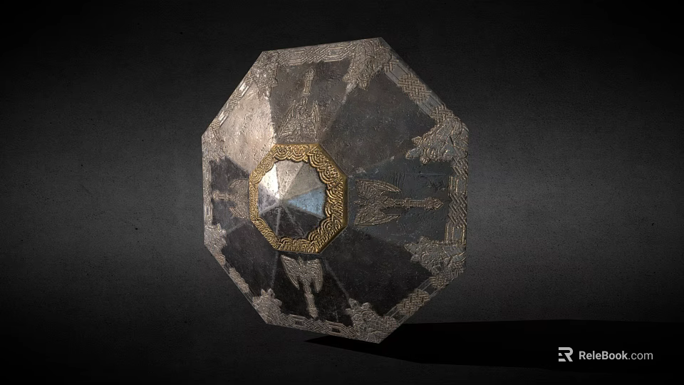 Ancient Metal Shield Featuring Octagonal Shape Intricate Carved Patterns And Golden Center Decoration 3d model 